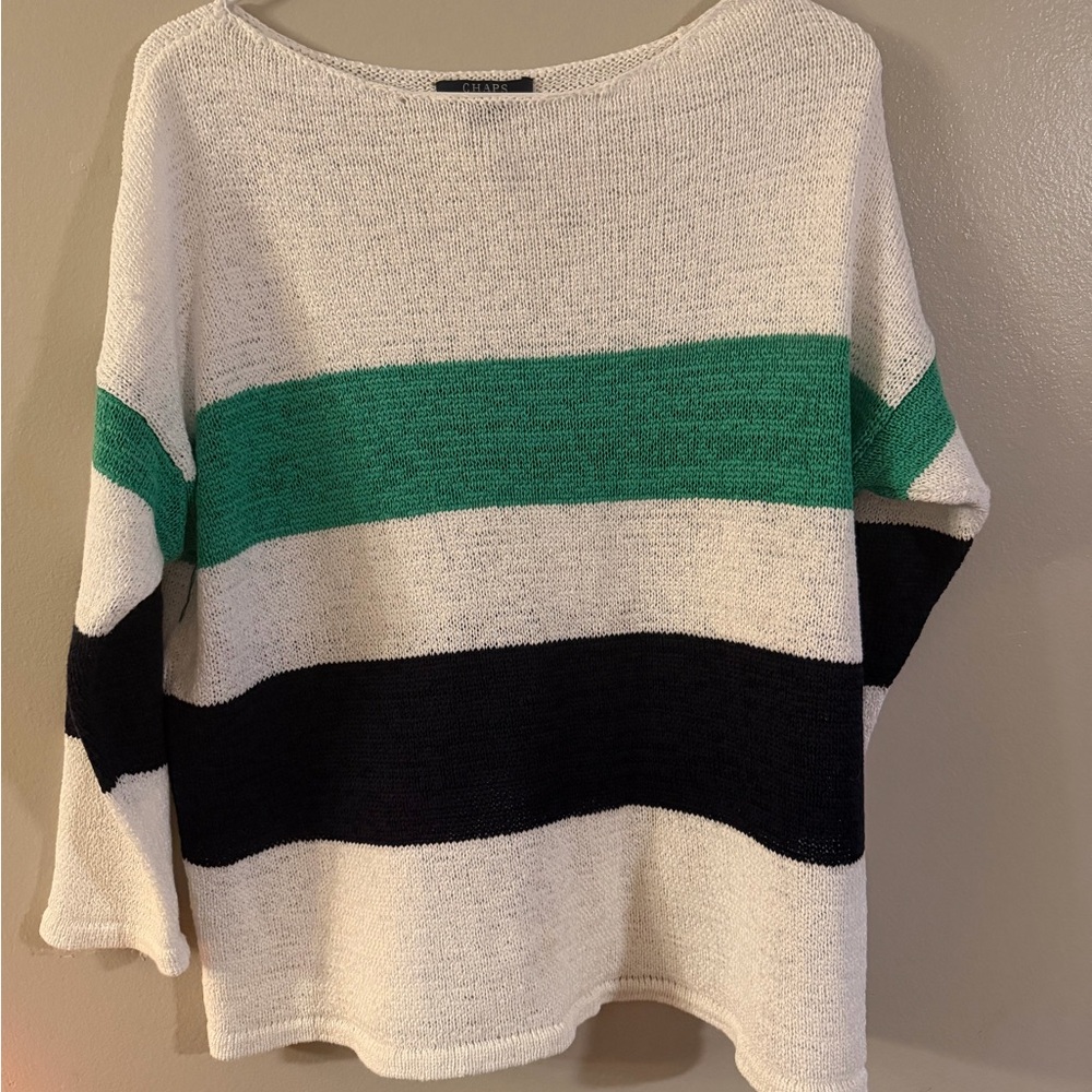 Chaps Women's Sweater with Green and Navy‎ Blue Stripes